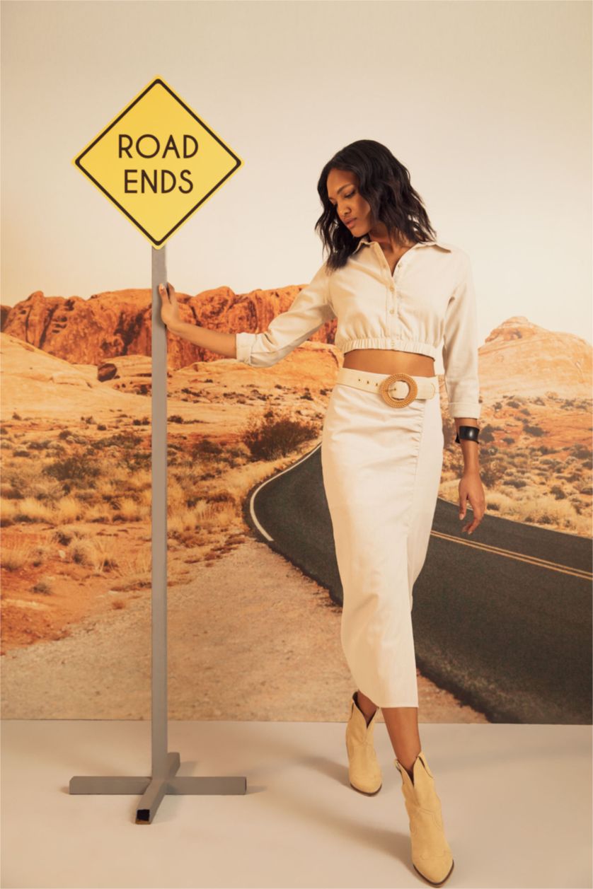 Woman Beige Pencil Skirt Linen Blended Normal Waist Midi Skirt