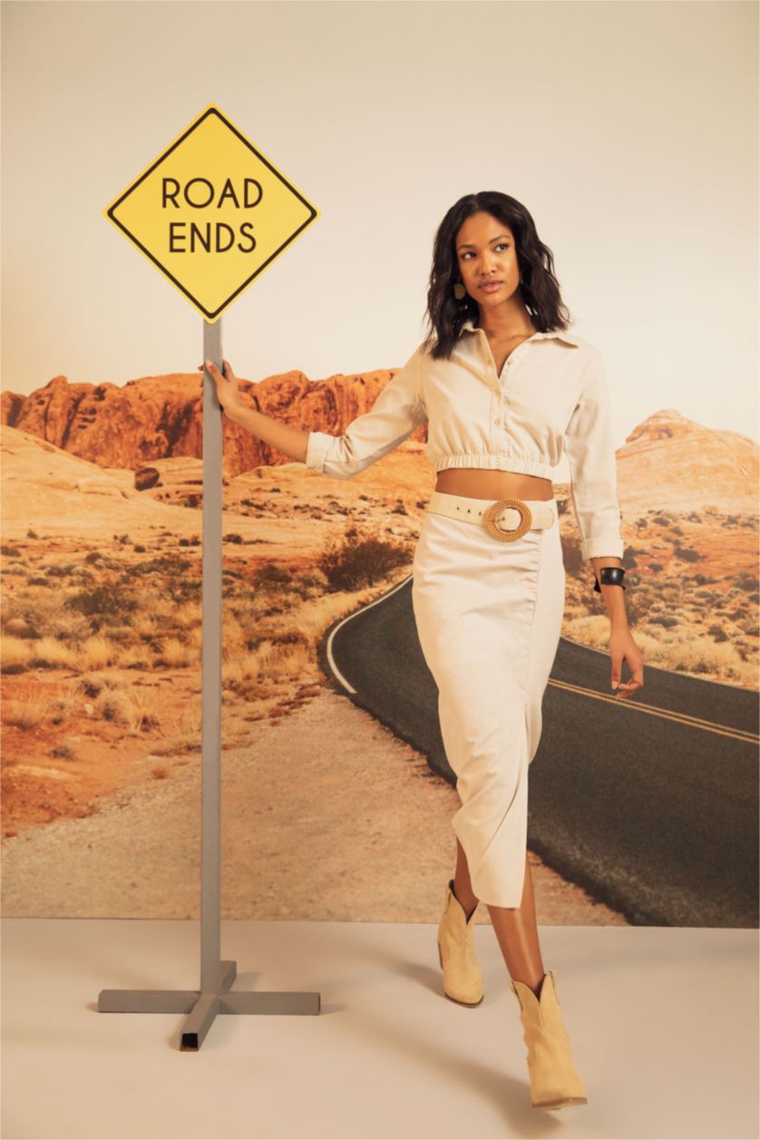 Woman Beige Pencil Skirt Linen Blended Normal Waist Midi Skirt