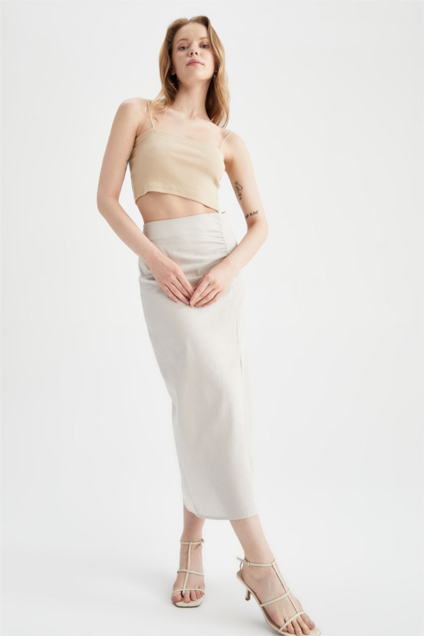 Woman Beige Pencil Skirt Linen Blended Normal Waist Midi Skirt