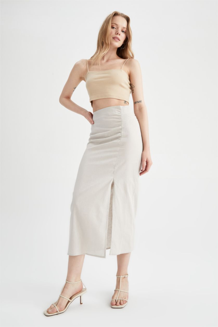 Woman Beige Pencil Skirt Linen Blended Normal Waist Midi Skirt