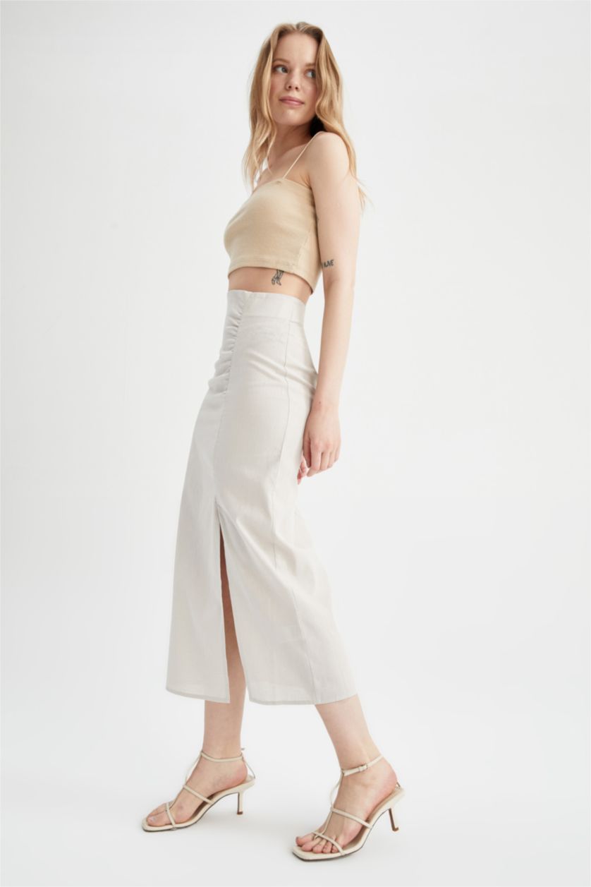 Woman Beige Pencil Skirt Linen Blended Normal Waist Midi Skirt