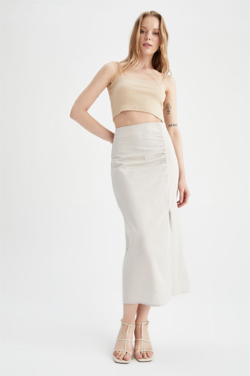 Woman Beige Pencil Skirt Linen Blended Normal Waist Midi Skirt