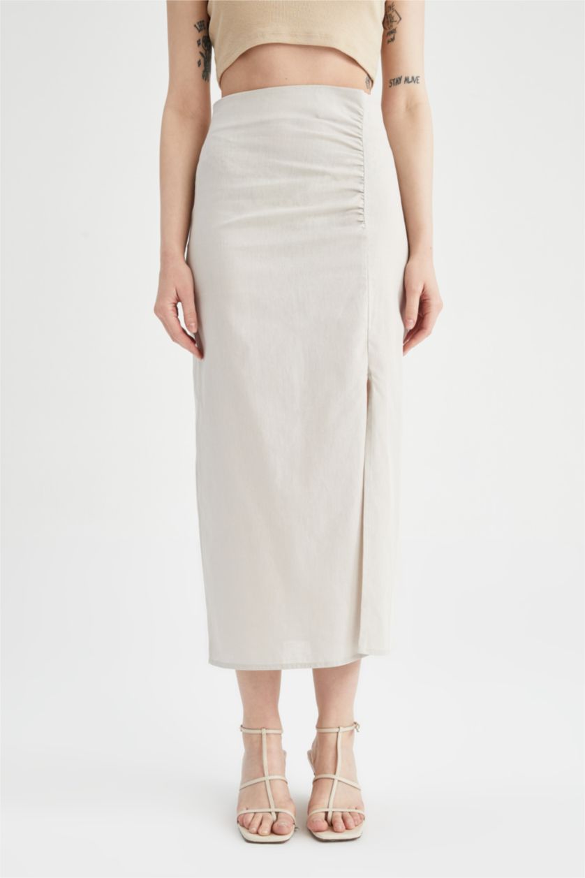 Woman Beige Pencil Skirt Linen Blended Normal Waist Midi Skirt