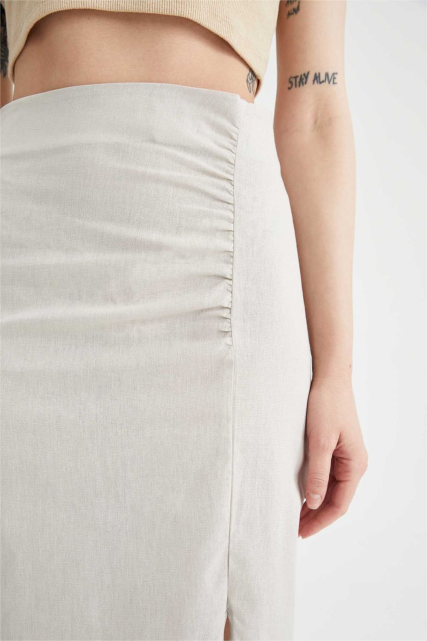 Woman Beige Pencil Skirt Linen Blended Normal Waist Midi Skirt