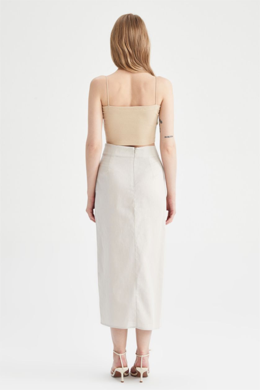 Woman Beige Pencil Skirt Linen Blended Normal Waist Midi Skirt