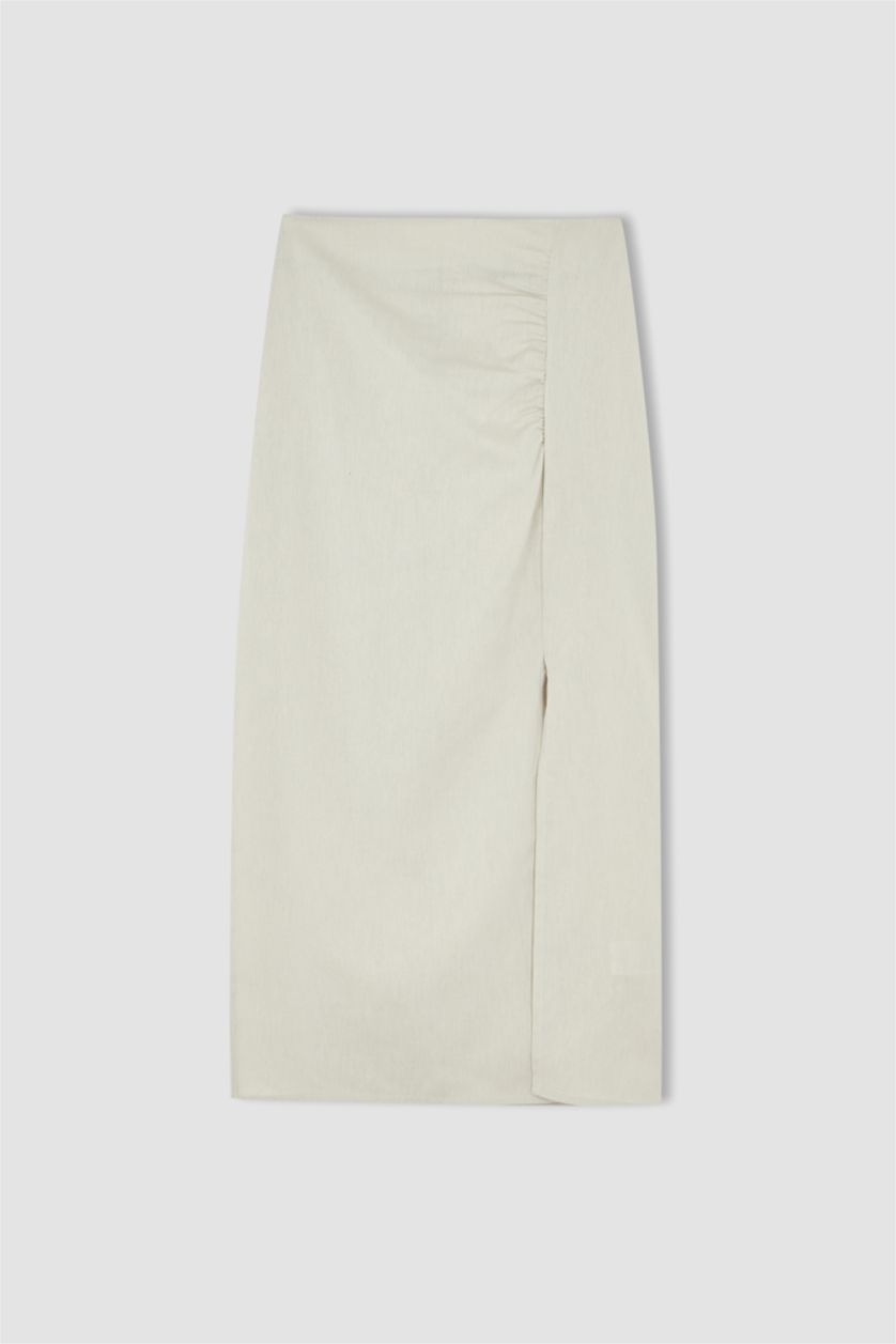 Woman Beige Pencil Skirt Linen Blended Normal Waist Midi Skirt