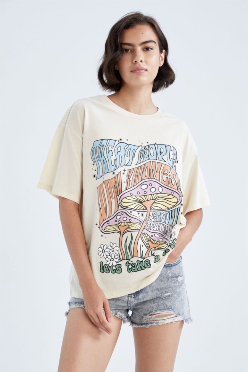 WOMAN Beige Loose Fit Short Sleeve T-Shirt