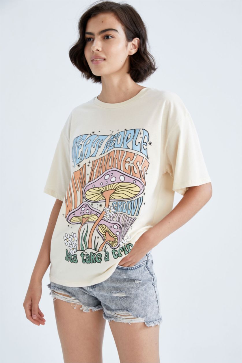 WOMAN Beige Loose Fit Short Sleeve T-Shirt