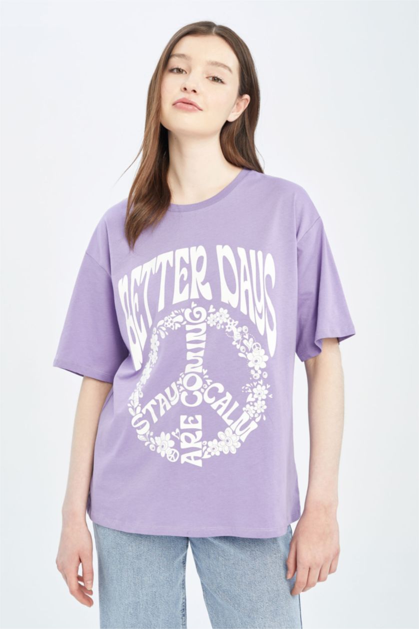 نساء أرجواني داكن تي شيرت بأكمام قصيرة مطبوع بقصة فضفاضة ورقبة مستديرة