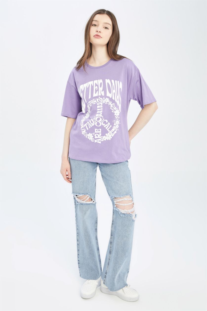 نساء أرجواني داكن تي شيرت بأكمام قصيرة مطبوع بقصة فضفاضة ورقبة مستديرة