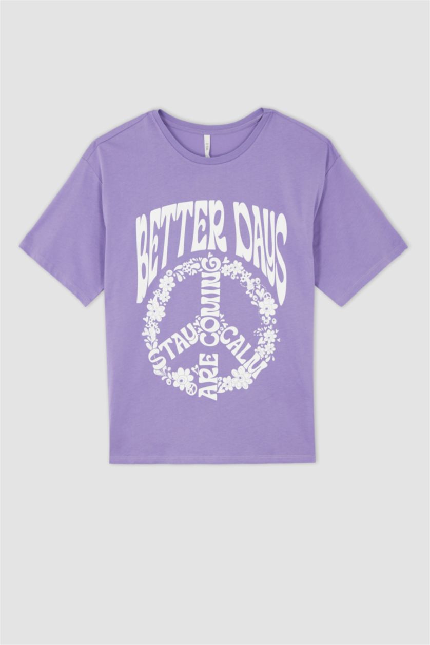 نساء أرجواني داكن تي شيرت بأكمام قصيرة مطبوع بقصة فضفاضة ورقبة مستديرة