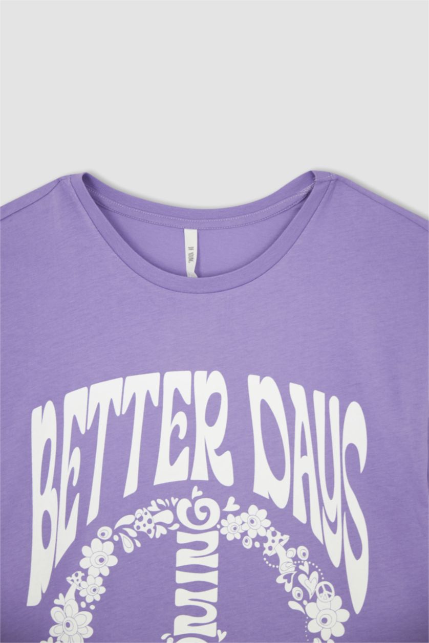 نساء أرجواني داكن تي شيرت بأكمام قصيرة مطبوع بقصة فضفاضة ورقبة مستديرة