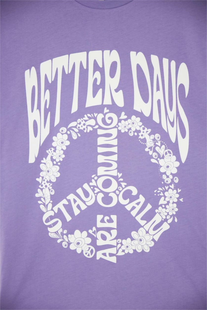 نساء أرجواني داكن تي شيرت بأكمام قصيرة مطبوع بقصة فضفاضة ورقبة مستديرة