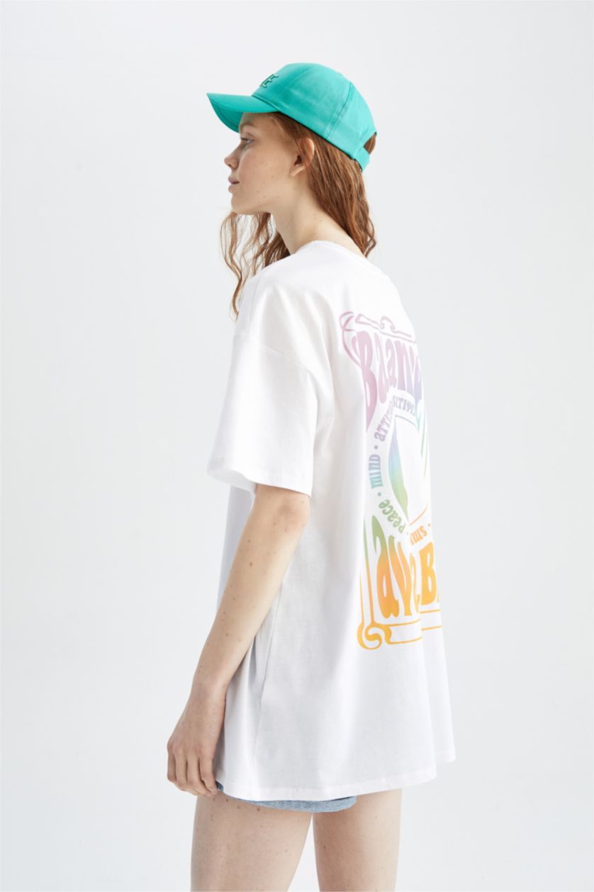 نساء أبيض تي شيرت بأكمام قصيرة مطبوع  من الخلف برقبة مستديرة اوفر سايز