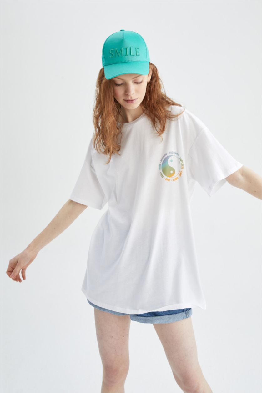 نساء أبيض تي شيرت بأكمام قصيرة مطبوع  من الخلف برقبة مستديرة اوفر سايز