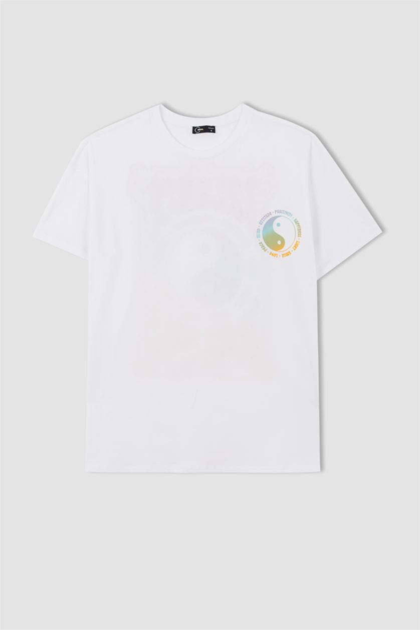 نساء أبيض تي شيرت بأكمام قصيرة مطبوع  من الخلف برقبة مستديرة اوفر سايز