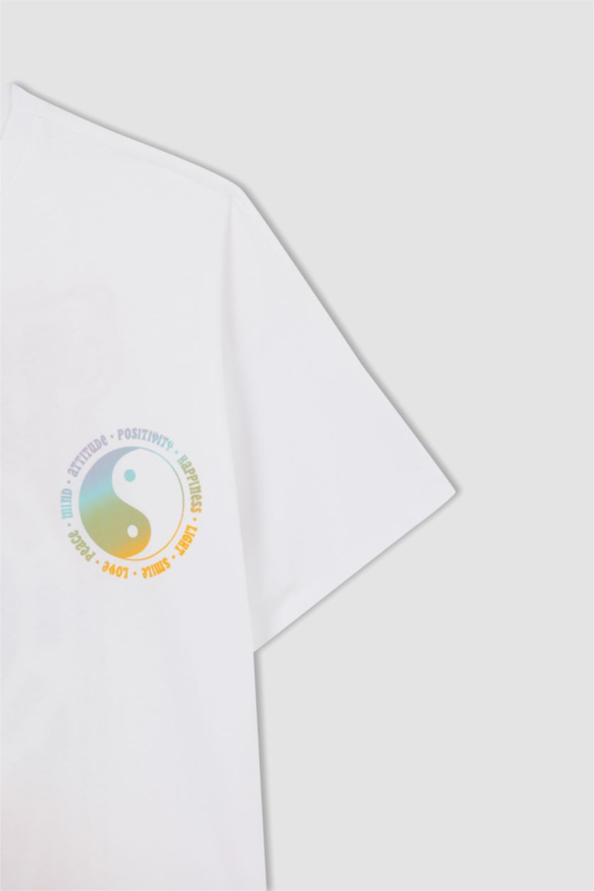 نساء أبيض تي شيرت بأكمام قصيرة مطبوع  من الخلف برقبة مستديرة اوفر سايز