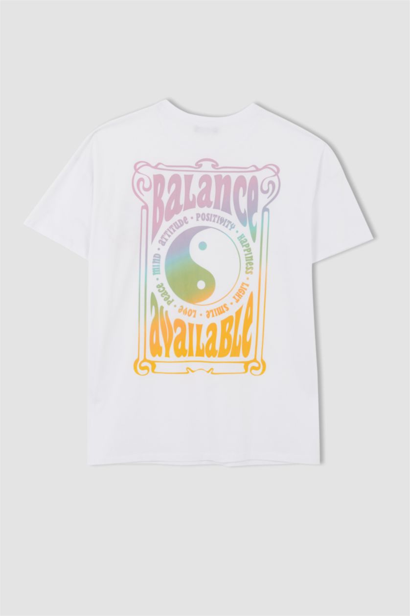 نساء أبيض تي شيرت بأكمام قصيرة مطبوع  من الخلف برقبة مستديرة اوفر سايز