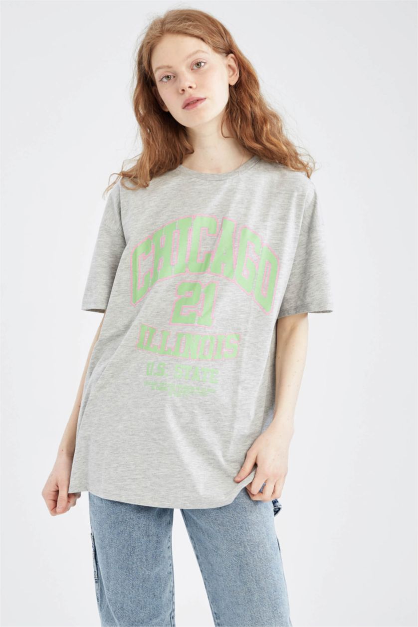 نساء ميلانج رمادي تي شيرت بأكمام قصيرة مطبوع بياقة مستديرة اوفر سايز