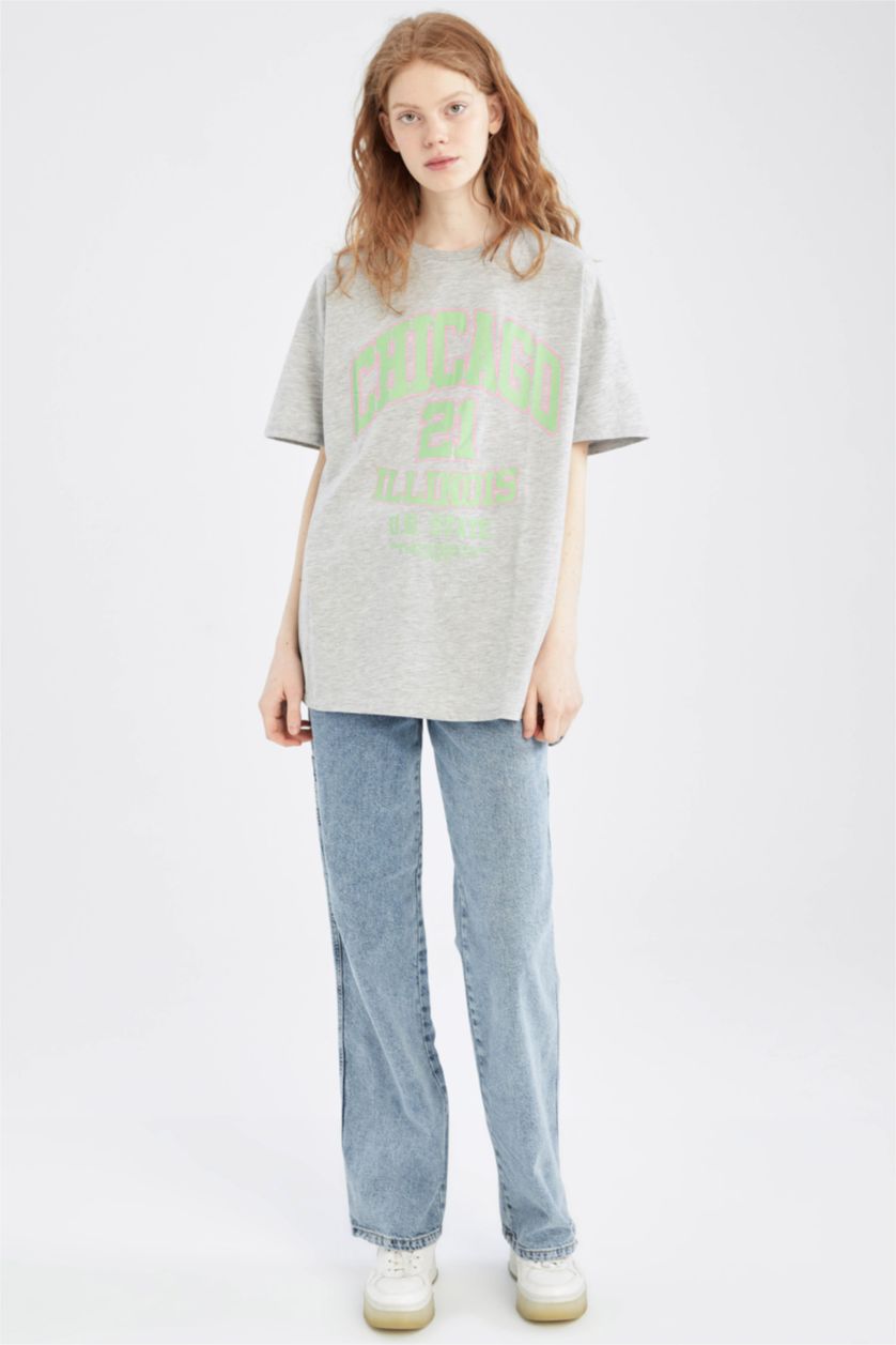 نساء ميلانج رمادي تي شيرت بأكمام قصيرة مطبوع بياقة مستديرة اوفر سايز