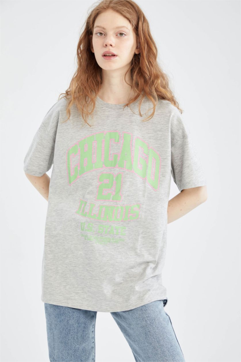 نساء ميلانج رمادي تي شيرت بأكمام قصيرة مطبوع بياقة مستديرة اوفر سايز