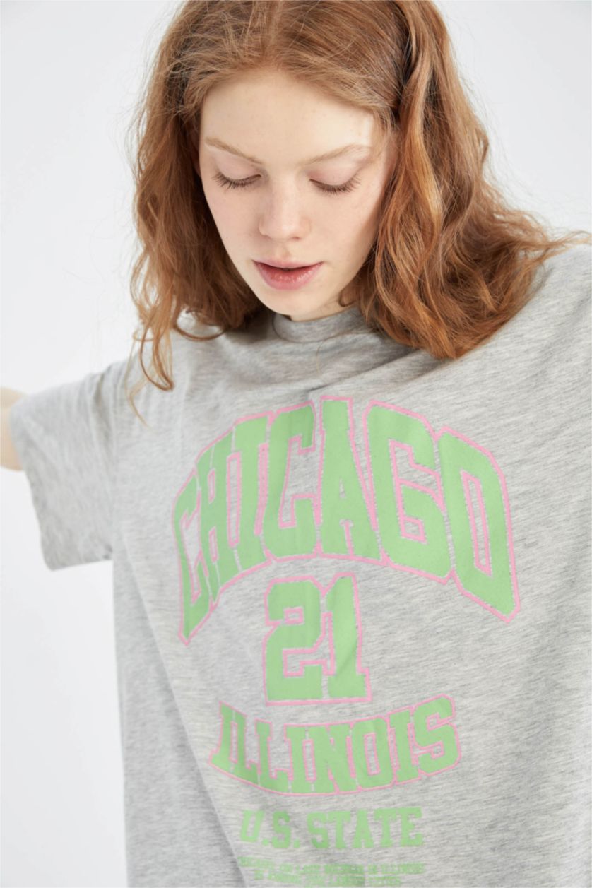 نساء ميلانج رمادي تي شيرت بأكمام قصيرة مطبوع بياقة مستديرة اوفر سايز