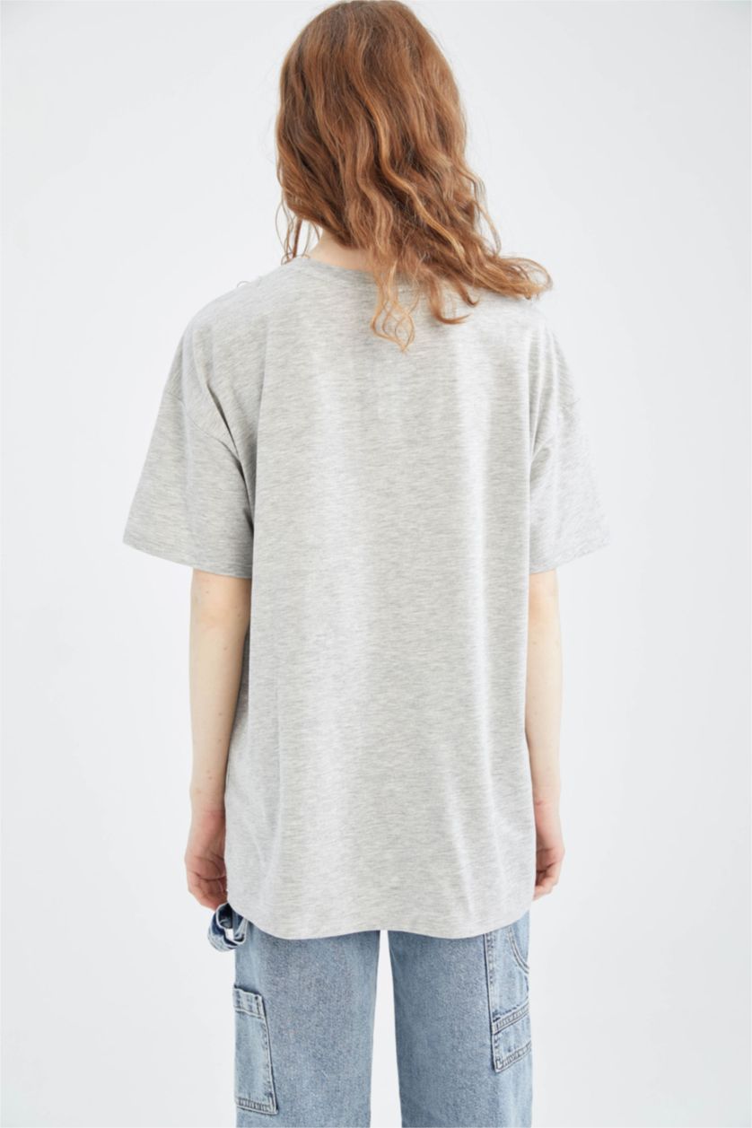 نساء ميلانج رمادي تي شيرت بأكمام قصيرة مطبوع بياقة مستديرة اوفر سايز