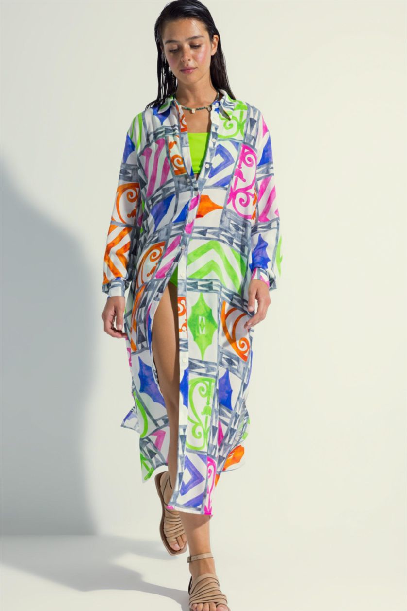 Woman Grey Nefes Istanbul X DeFacto Patterned Long Beach Shirt