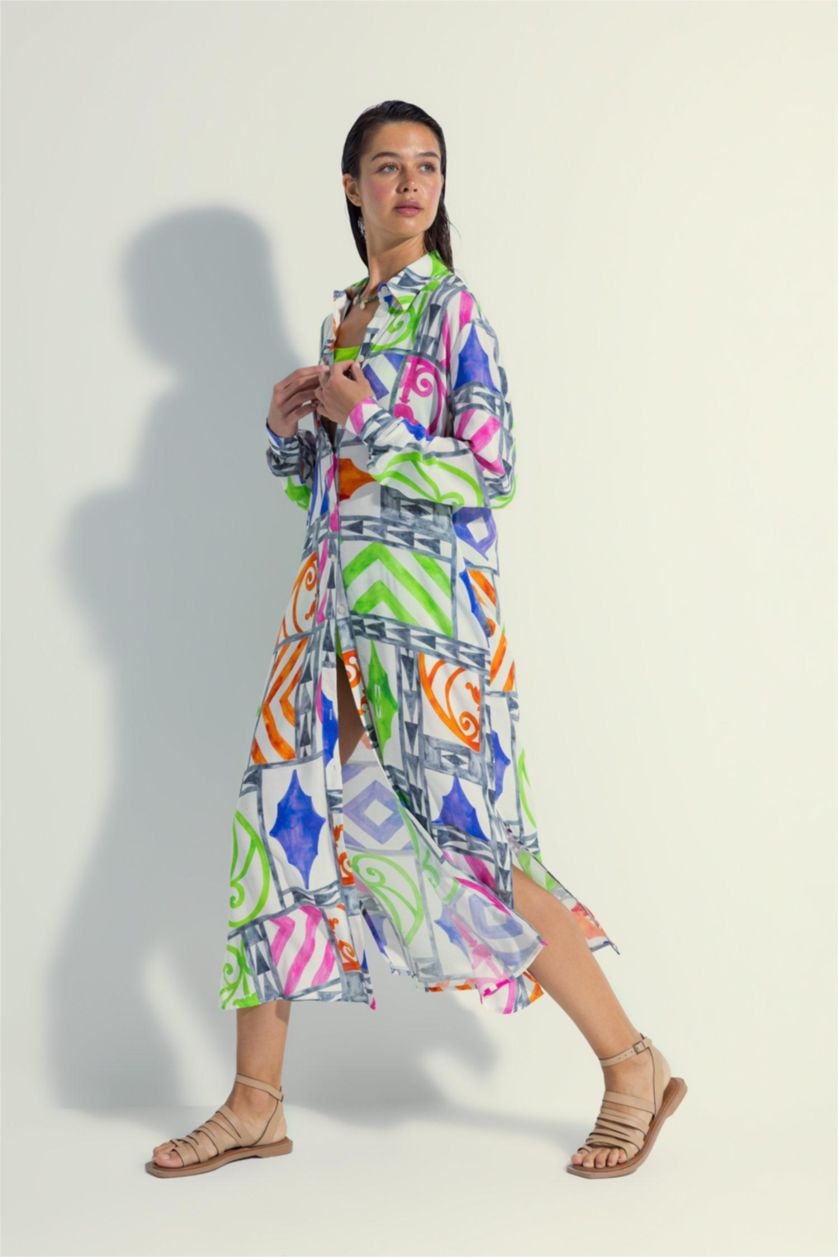 Woman Grey Nefes Istanbul X DeFacto Patterned Long Beach Shirt