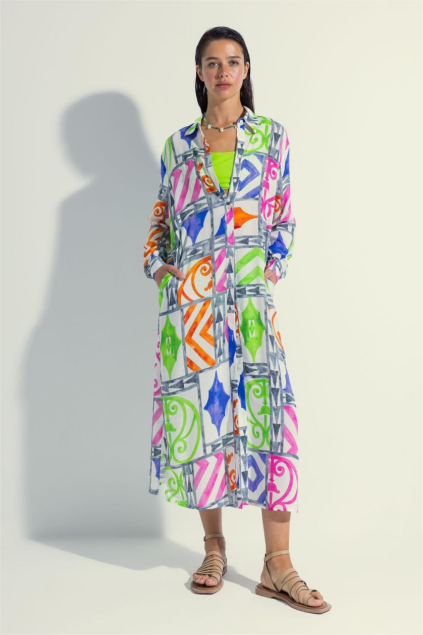 Woman Grey Nefes Istanbul X DeFacto Patterned Long Beach Shirt