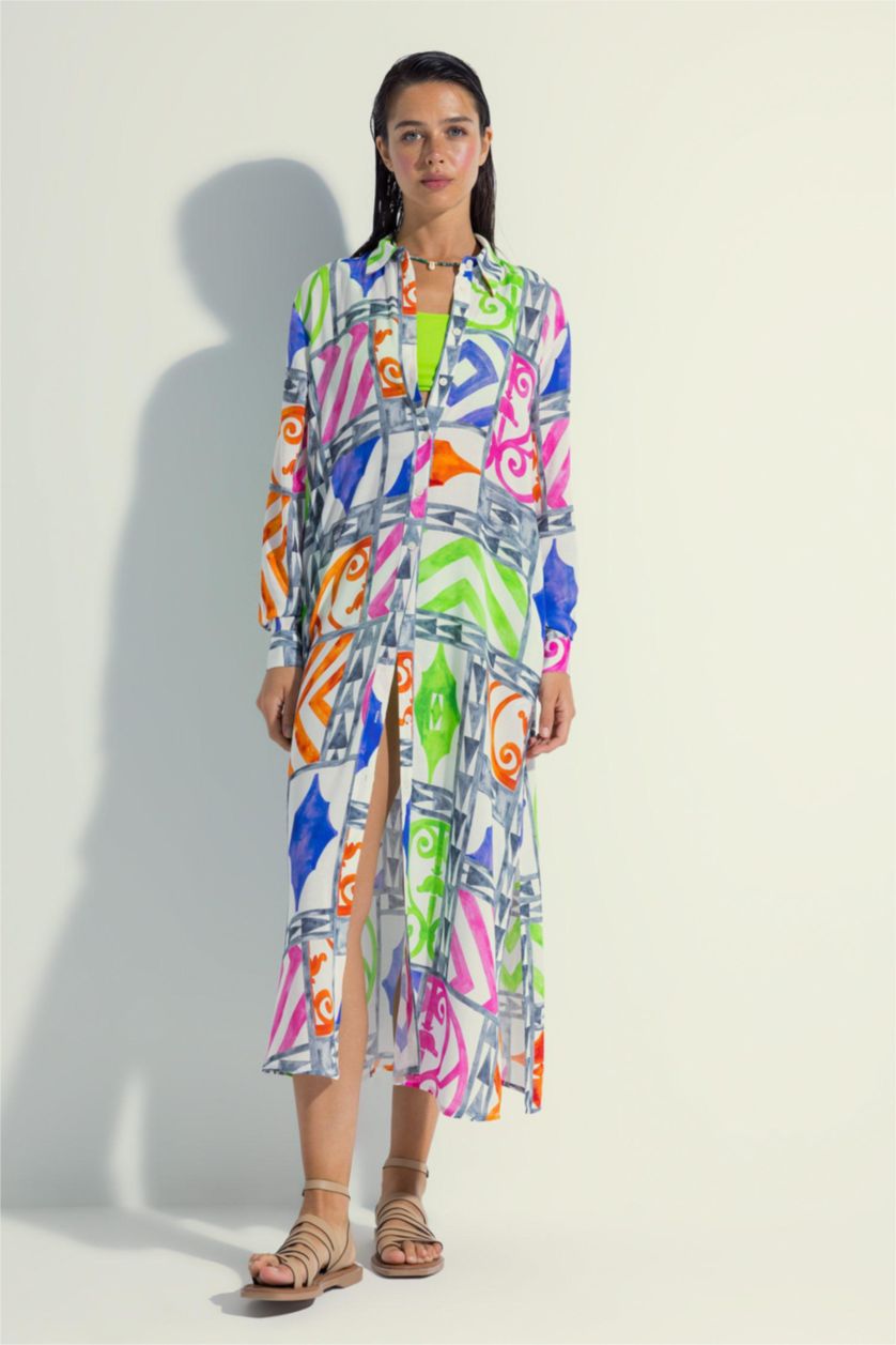 Woman Grey Nefes Istanbul X DeFacto Patterned Long Beach Shirt