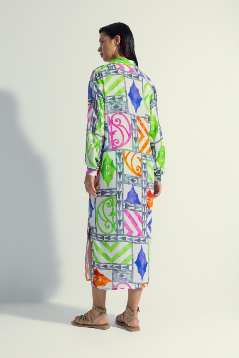 Woman Grey Nefes Istanbul X DeFacto Patterned Long Beach Shirt