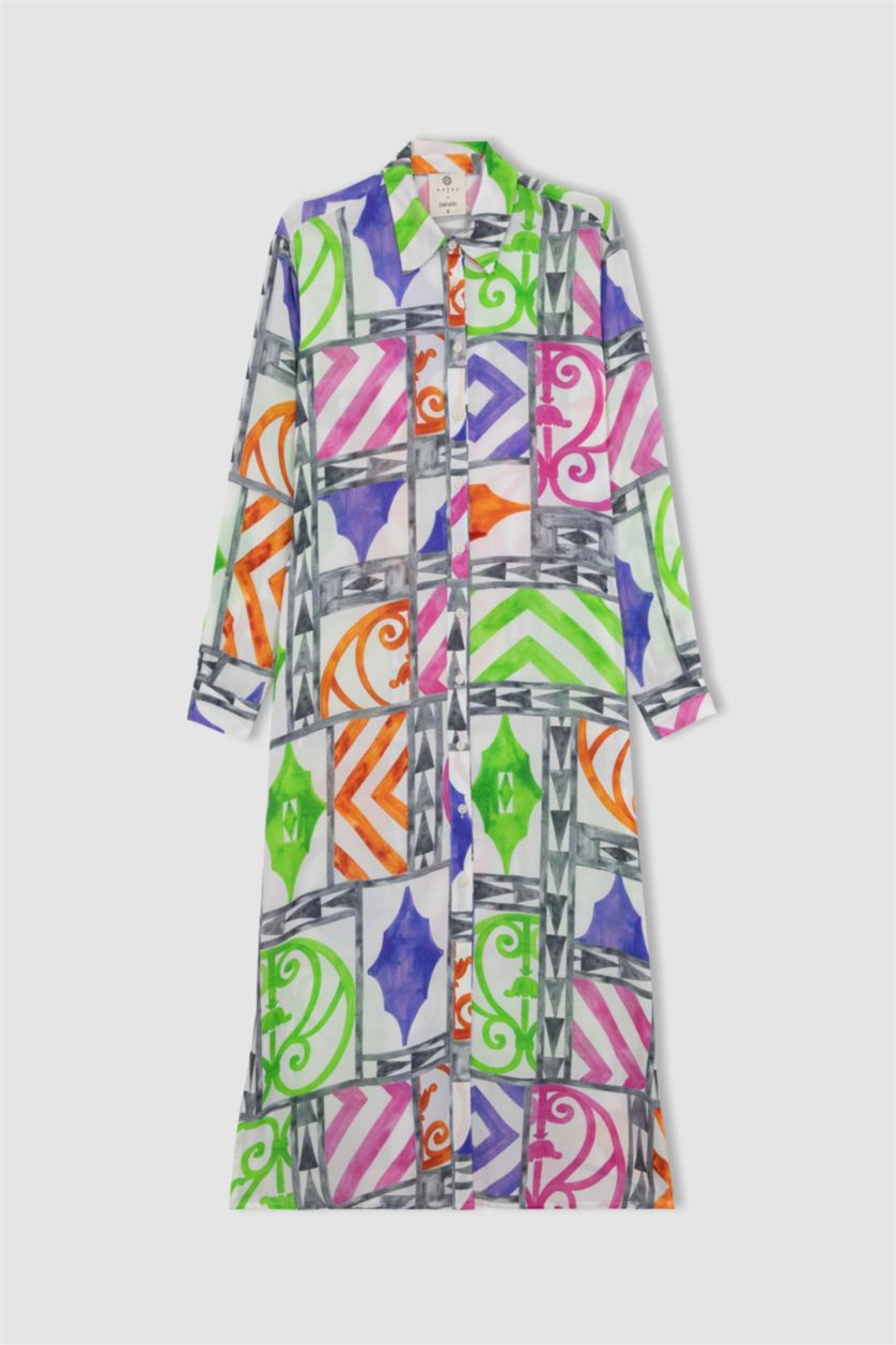 Woman Grey Nefes Istanbul X DeFacto Patterned Long Beach Shirt