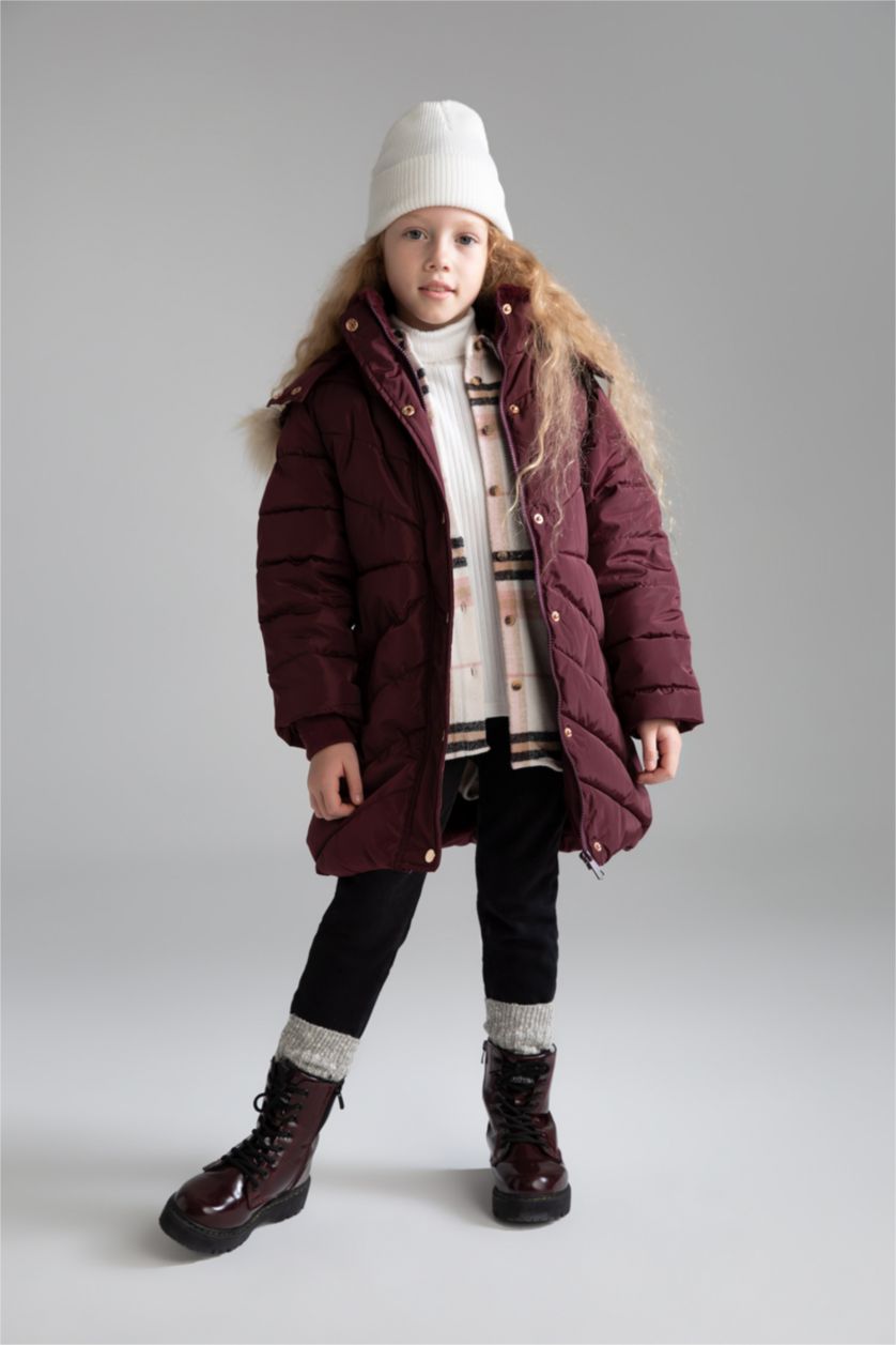 GIRLS & TEENS Bordeaux Girl Hooded Faux Fur Lined Long Puffer Jacket