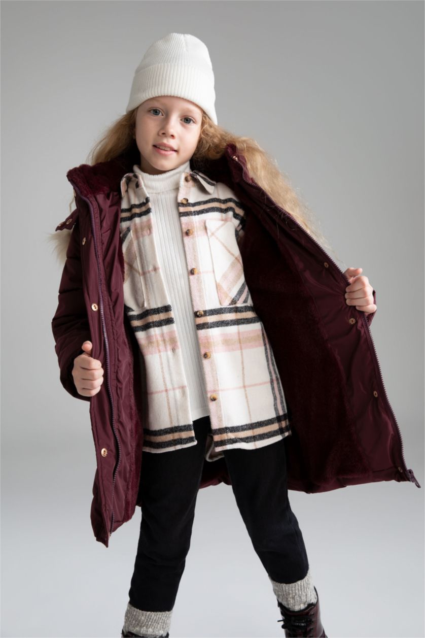 GIRLS & TEENS Bordeaux Girl Hooded Faux Fur Lined Long Puffer Jacket