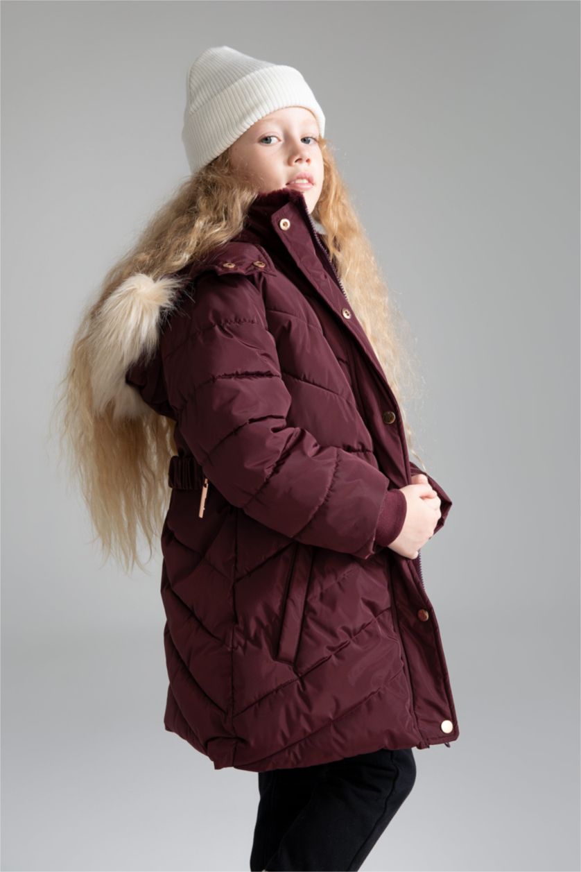 GIRLS & TEENS Bordeaux Girl Hooded Faux Fur Lined Long Puffer Jacket