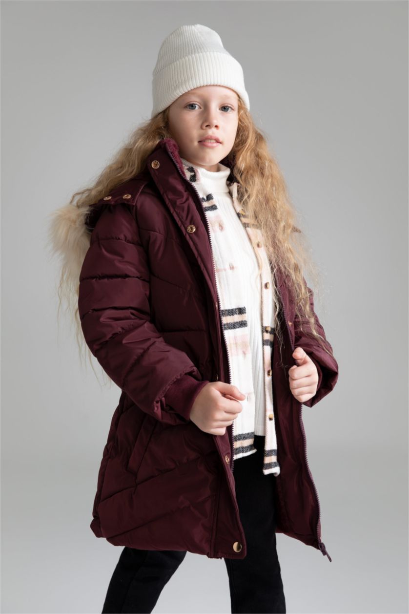 GIRLS & TEENS Bordeaux Girl Hooded Faux Fur Lined Long Puffer Jacket