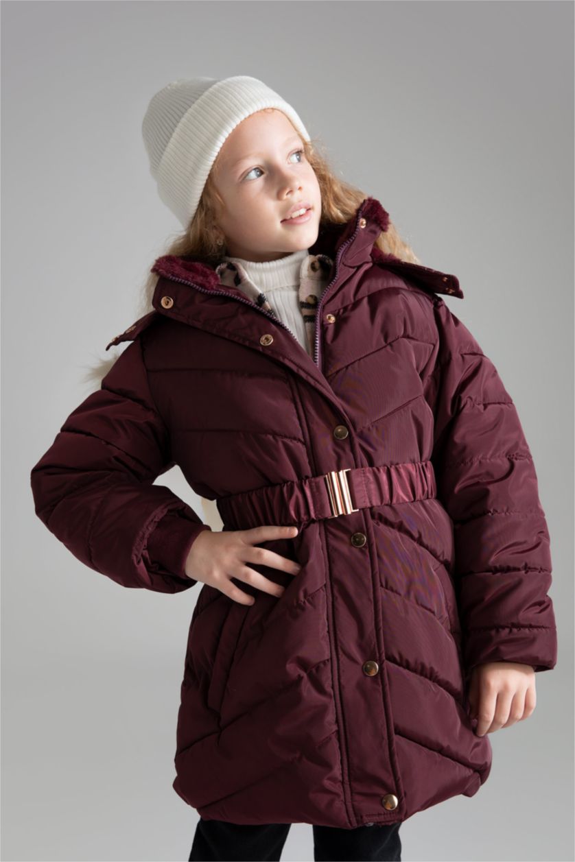 GIRLS & TEENS Bordeaux Girl Hooded Faux Fur Lined Long Puffer Jacket