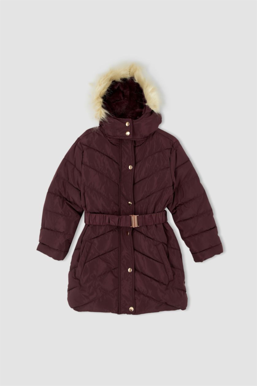 GIRLS & TEENS Bordeaux Girl Hooded Faux Fur Lined Long Puffer Jacket