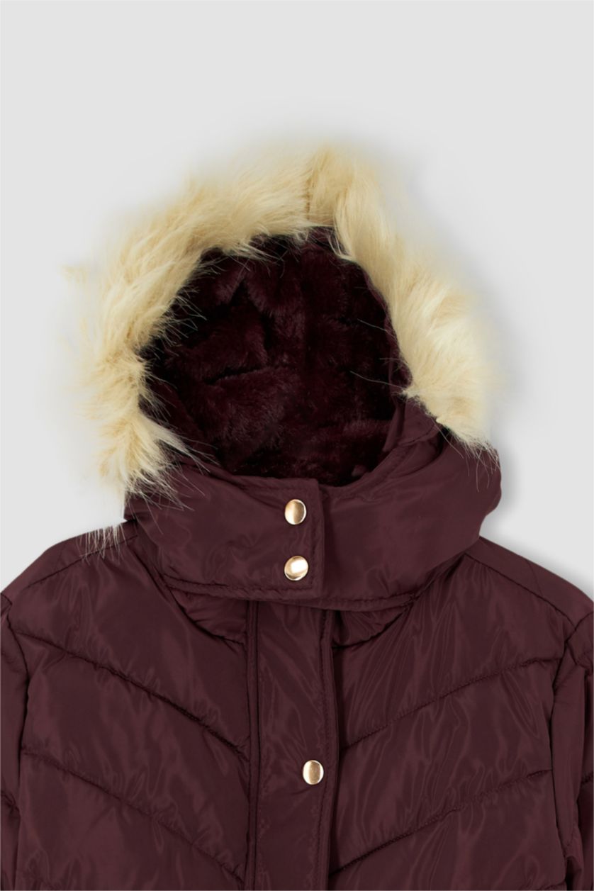 GIRLS & TEENS Bordeaux Girl Hooded Faux Fur Lined Long Puffer Jacket