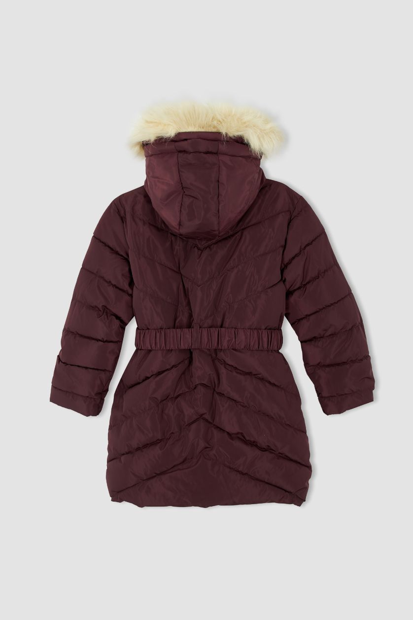 GIRLS & TEENS Bordeaux Girl Hooded Faux Fur Lined Long Puffer Jacket