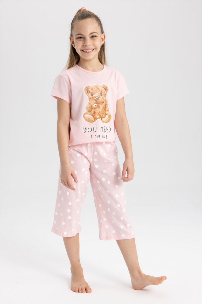 GIRLS & TEENS Light Pink Girls Teddy Bear Printed Cotton Short Sleeve Capri Pajamas Set