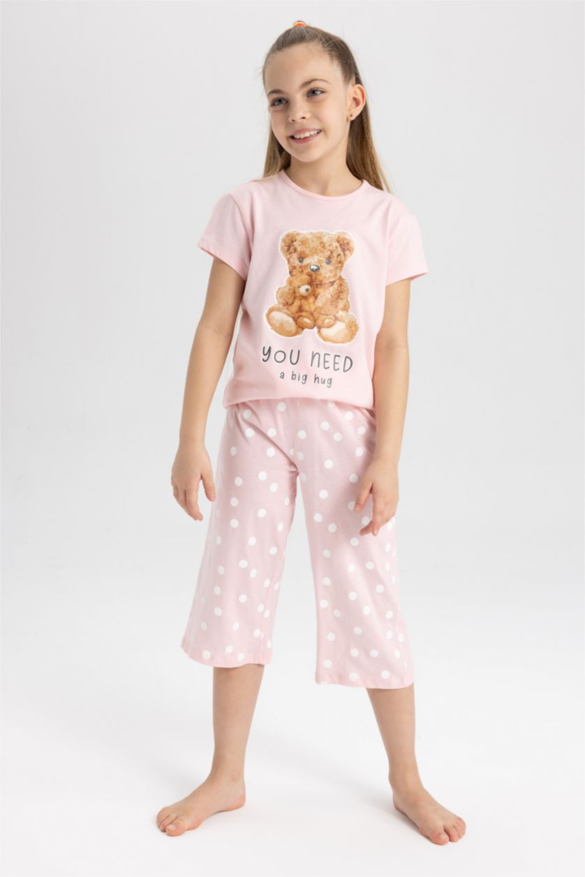 GIRLS & TEENS Light Pink Girls Teddy Bear Printed Cotton Short Sleeve Capri Pajamas Set