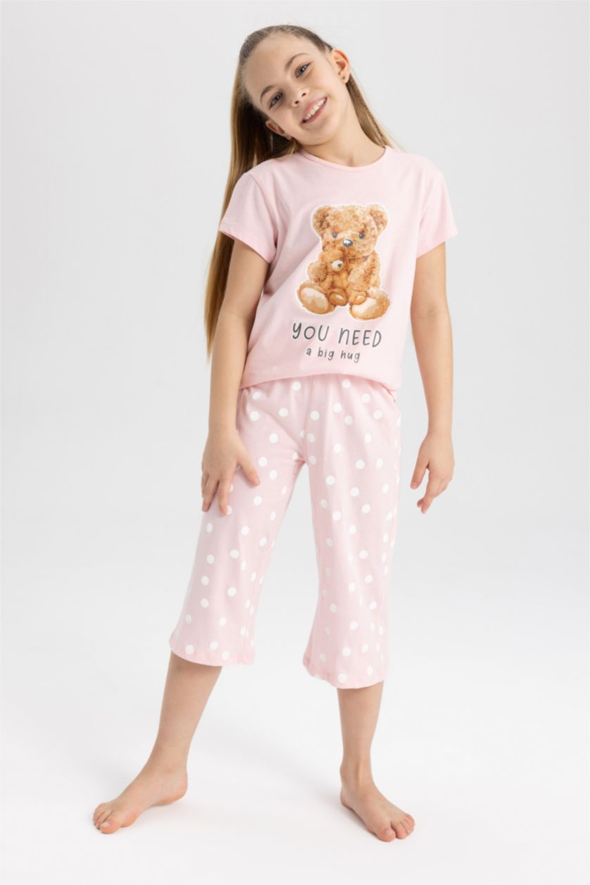 GIRLS & TEENS Light Pink Girls Teddy Bear Printed Cotton Short Sleeve Capri Pajamas Set