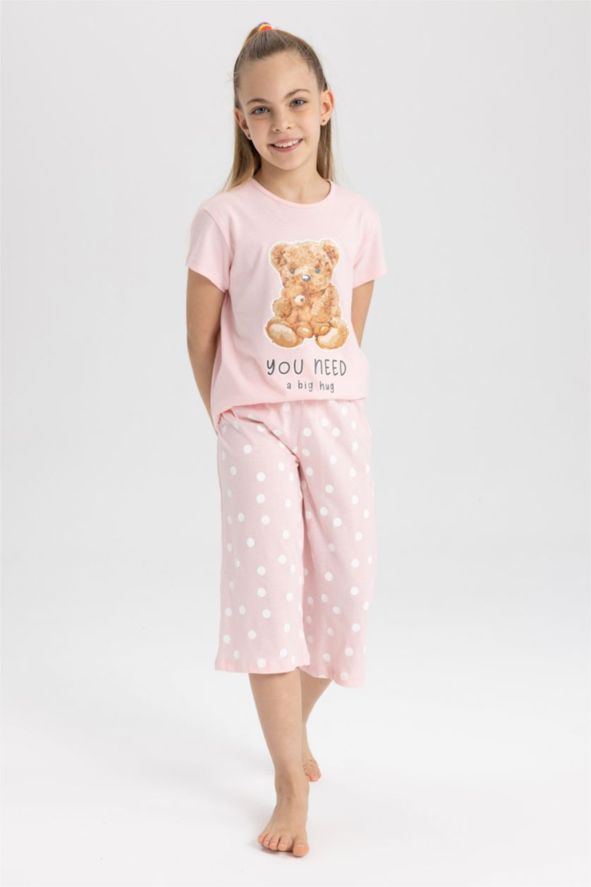 GIRLS & TEENS Light Pink Girls Teddy Bear Printed Cotton Short Sleeve Capri Pajamas Set