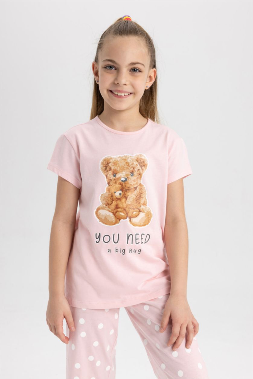 GIRLS & TEENS Light Pink Girls Teddy Bear Printed Cotton Short Sleeve Capri Pajamas Set