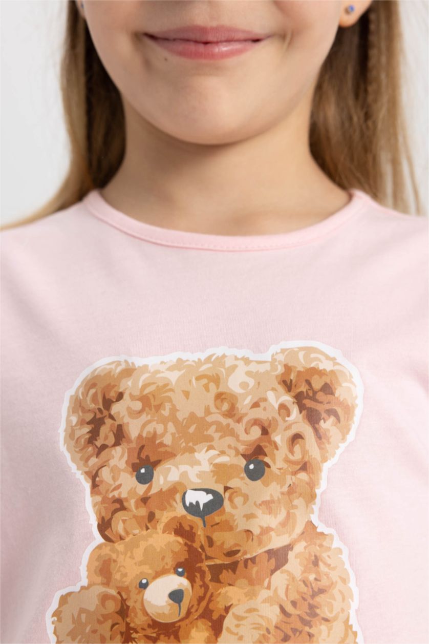 GIRLS & TEENS Light Pink Girls Teddy Bear Printed Cotton Short Sleeve Capri Pajamas Set