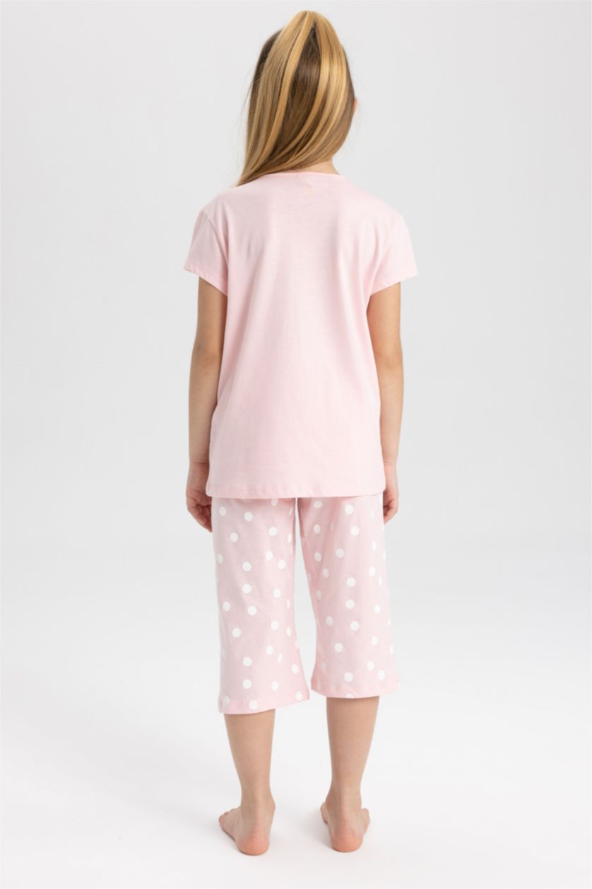 GIRLS & TEENS Light Pink Girls Teddy Bear Printed Cotton Short Sleeve Capri Pajamas Set