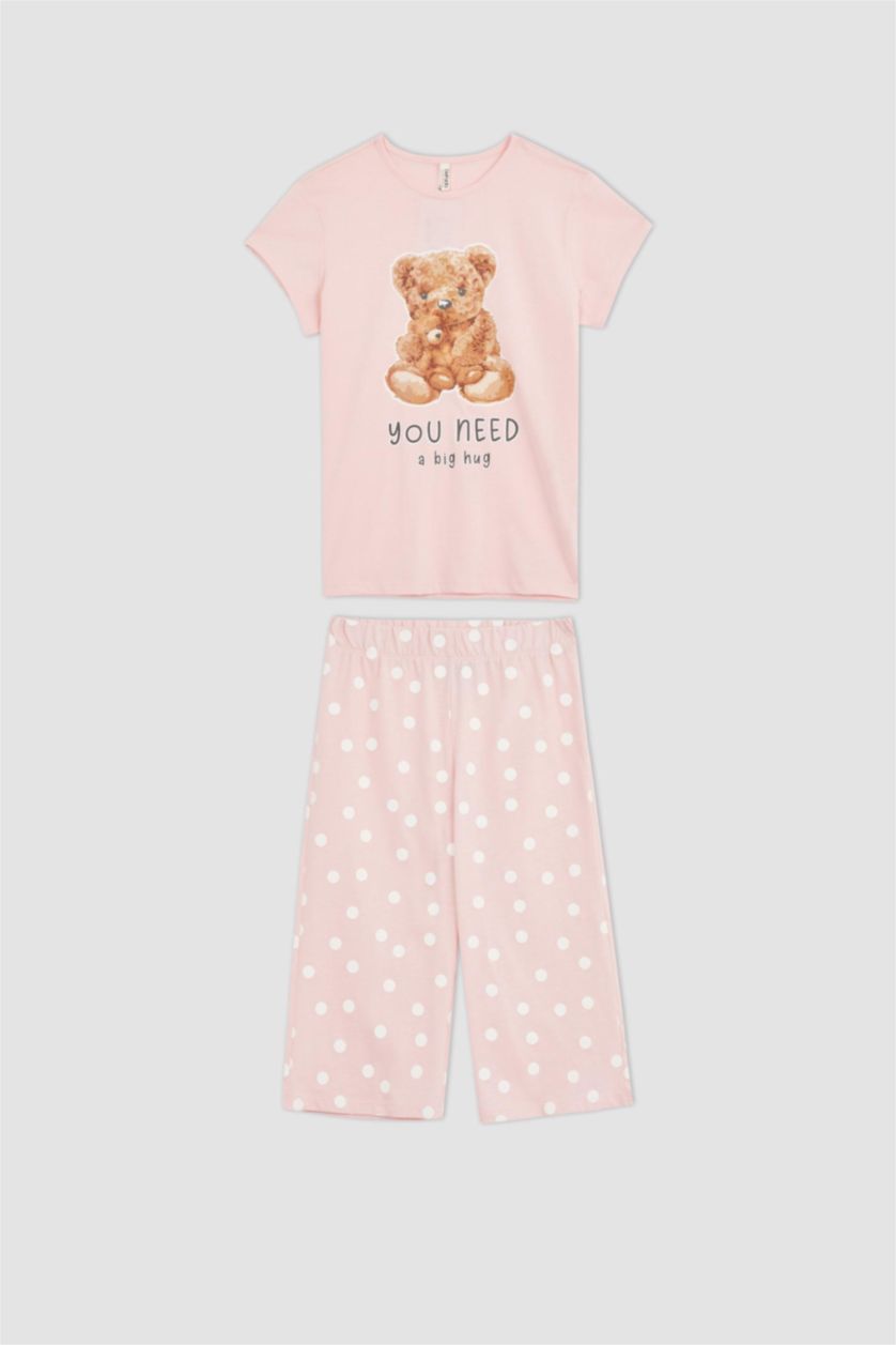 GIRLS & TEENS Light Pink Girls Teddy Bear Printed Cotton Short Sleeve Capri Pajamas Set