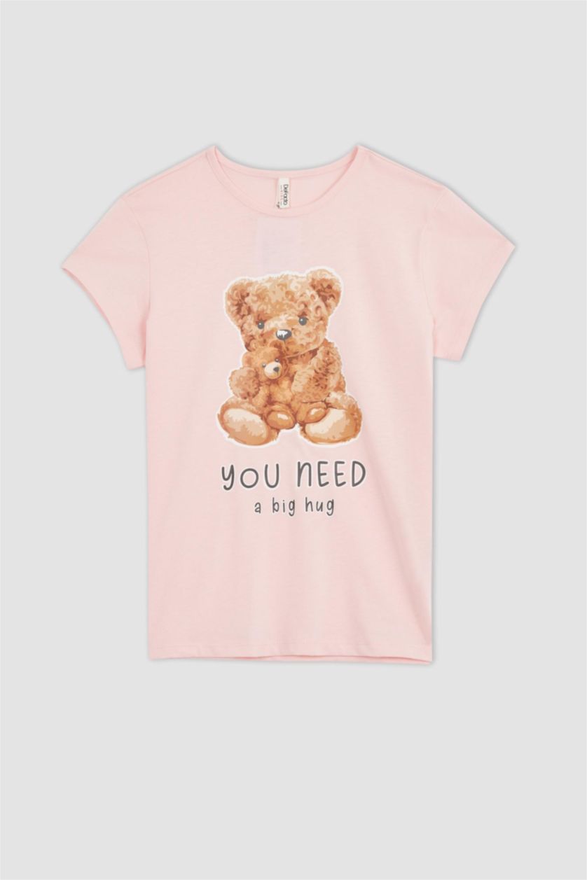GIRLS & TEENS Light Pink Girls Teddy Bear Printed Cotton Short Sleeve Capri Pajamas Set